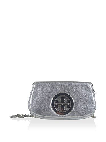 Tory Burch Women’s Amanda Metallic Logo Clutch/Cross-body, Silver, One Size Tory Burch Women’s Amanda Metallic Logo Clutch/Cross-body, Silver, One Size