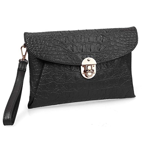 BMC Womens Faux Crocodile Skin Textured PU Leather Envelope Flap Clutch Handbag