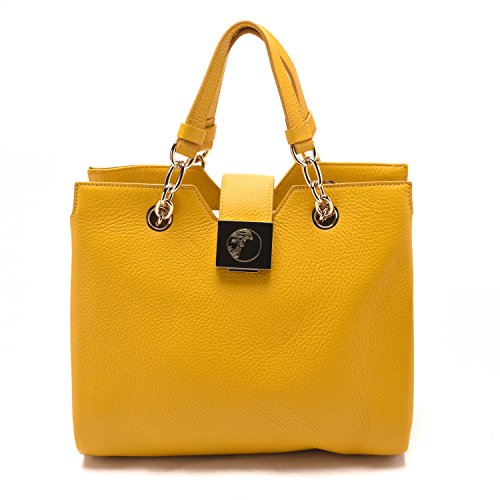 Versace Collections Women Pebbled Leather Top Handle Handbag Satchel Yellow