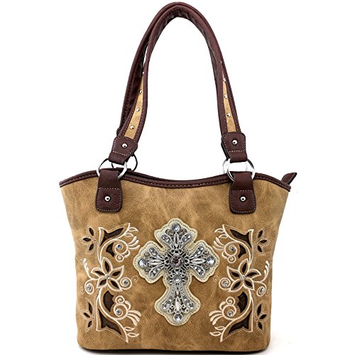 Justin West Western Tan Rhinestone Cross Tote Purse Embroidery Floral Design Leather Concealed Carry Handbag