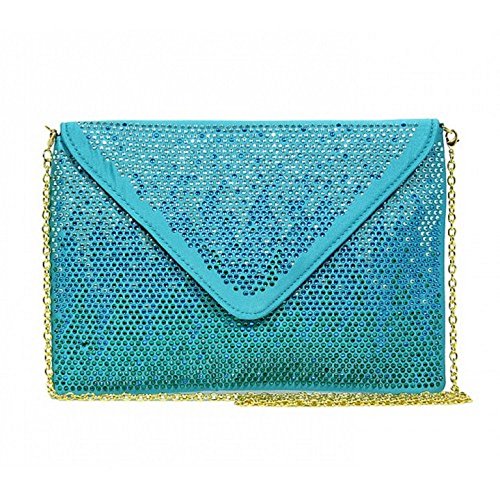 Evening Bag – Satin Envelop Clutch w/ Graident Colored Rhinestones – Turquise – BG-EBP2043TQ