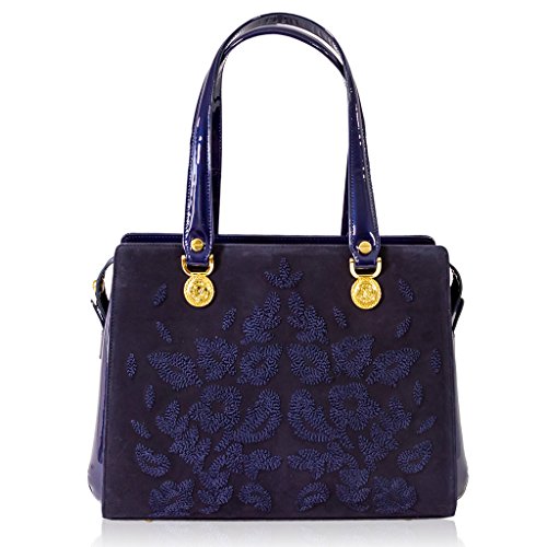 Valentino Orlandi Italian Designer Blue Embroidered Suede Satchel Purse Bag