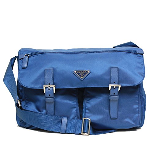 Prada Large Blue Tessuto Pattina Nylon Leather Cross Body Messenger Bag BT1738