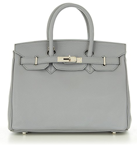 Designer Handbag Caty 14″ Grey Leather Satchel with Silver Hardware & Shoulder Strap Made in Italy