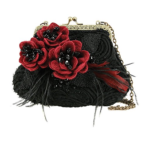 Mary Frances Date Night Black Red Floral Mini Evening Bag