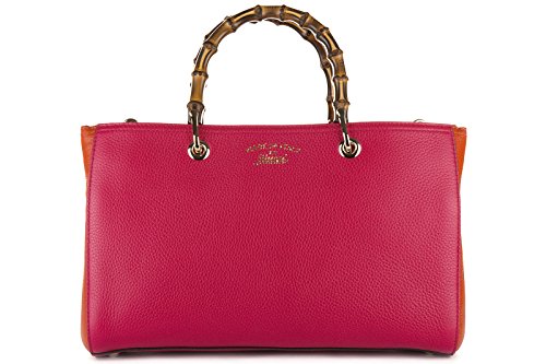Gucci women’s leather handbag shopping bag purse bamboo fucsia