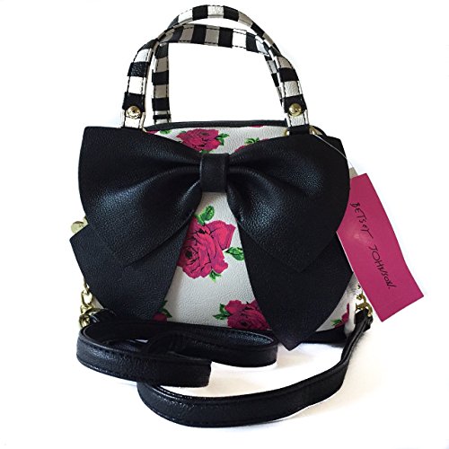 Betsey Johnson Satchel Handbag. Mini Domed with Bow, Fucshia Roses and Polka Dots.
