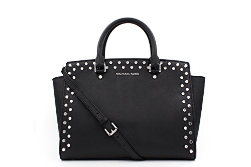 MICHAEL Michael Kors Selma Studded & Rhinestone Black Saffiano Leather Large Satchel