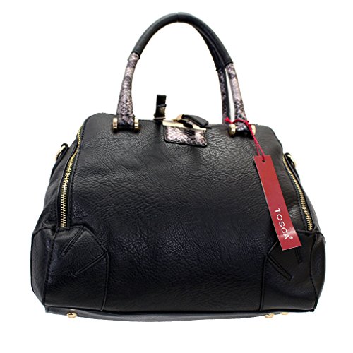 Black Handbag Purse Faux Leather Bag Silver Metallic Snake Skin & Gold Detail