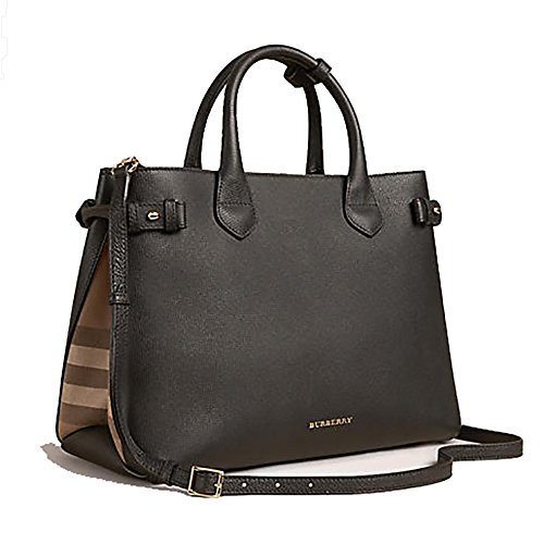 Tote Bag Handbag Authentic Burberry The Medium Banner in Leather and House Check Black Item 39589781