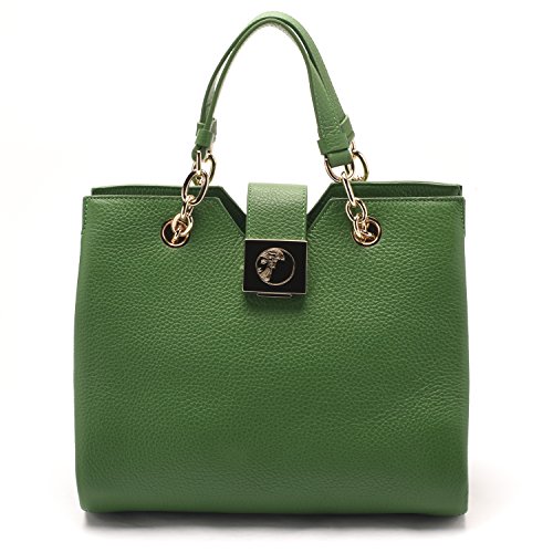 Versace Collections Women Pebbled Leather Top Handle Handbag Satchel Green