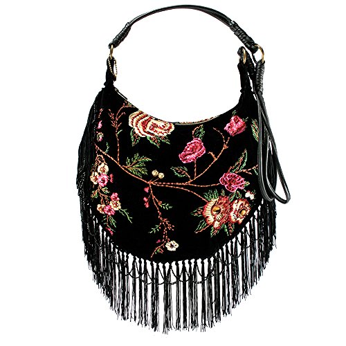 Mary Frances Vintage Garden Black Velvet Flower Fringe Handbag