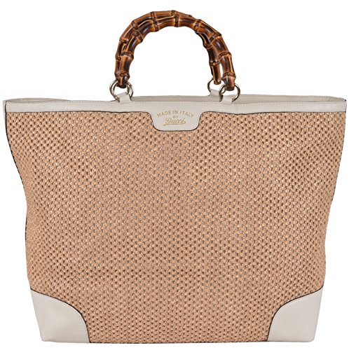 Gucci Women’s Large Natural and Cream Straw Leather Bamboo Handle Tote Purse