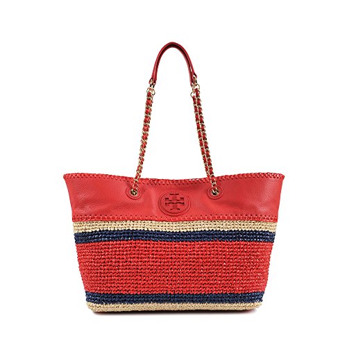 Tory Burch Marion Straw Leather Red Multi Tote Handbag Shopper Ruby Jewel Bag