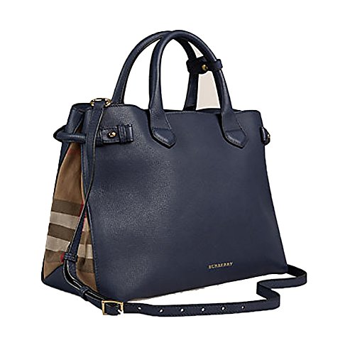 Tote Bag Handbag Authentic Burberry Medium Banner in Leather and House Check INK BLUE Item 39830391