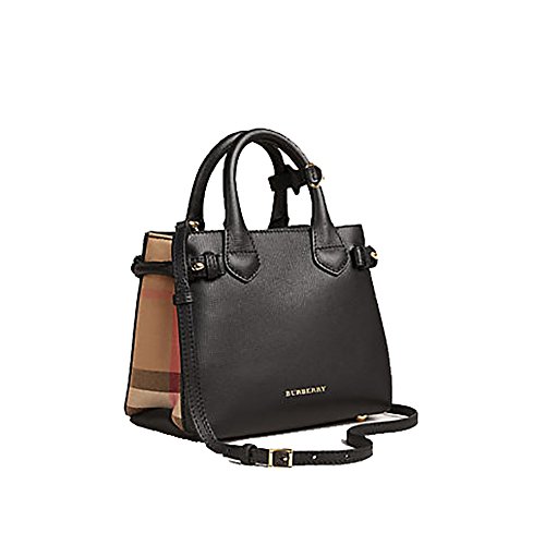 Tote Bag Handbag Authentic Burberry The Baby Banner in Leather and House Check Black Item 40140711