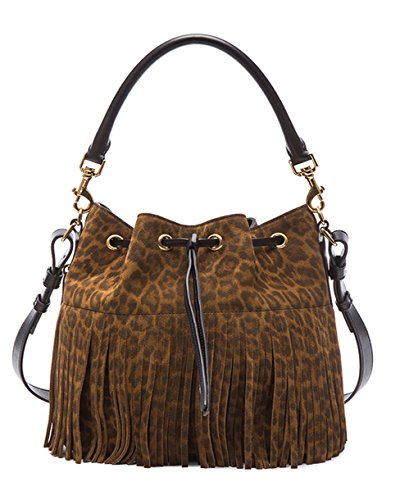 SAINT LAURENT ‘YSL’ Emmanuelle Fringed Sac Bucket Bag Leopard Print Suede Leather Shoulder Handbag Purse 340240