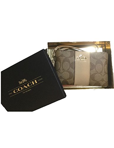 Coach Signature Leather Khaki/Platium Corner Zip Wristlet In Gift Box