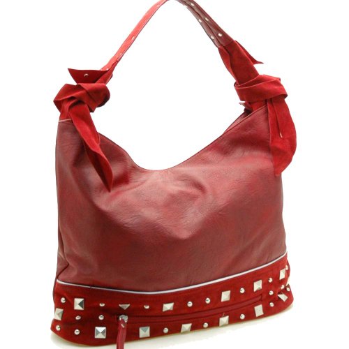 Dasein Designer inspired hobo bag with studs -Burgundy Red
