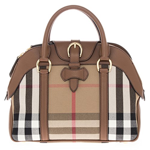 Burberry Women’s Medium Leather and House Check Bowling Bag with Buckle Tan