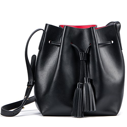 Kattee Women’s Leather Bucket Crossbody Bag Tassel Drawstring Shoulder Bag