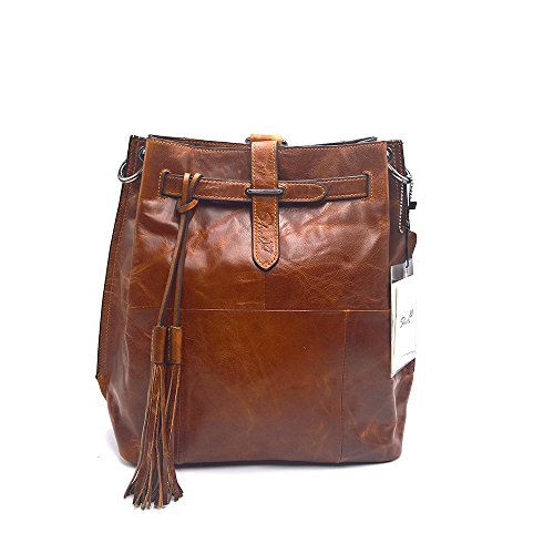 Sheli Womens Aged Brown Unique Design Leather Fringe Covertible Hobo Drawstring Crossbody Purse Handbag Backpack