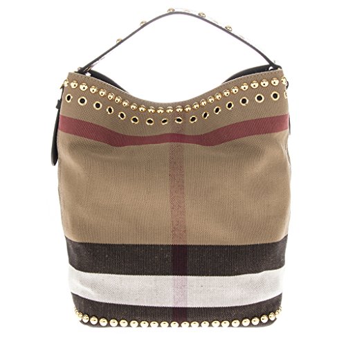 Burberry Women’s Medium ‘Ashby’ Riveted Canvas Check /Leather Handbag Beige + Brown