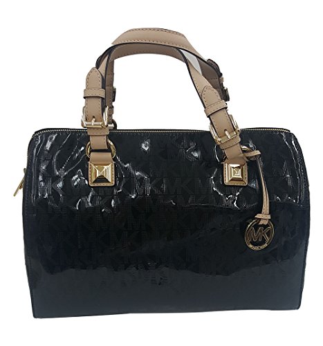MICHAEL Michael Kors Womens Grayson Mirror Metallic Satchel Handbag Black Large
