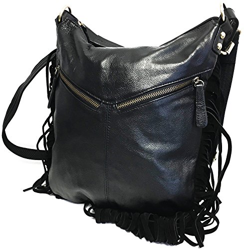Leather Locking Concealed Carry Purse, Fringe Collection, Shoulder or Cross-Body, CCW, Black