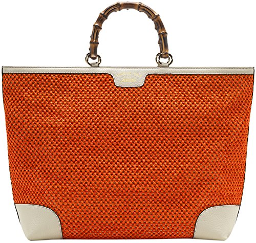Gucci Orange Bamboo Shopper Hand Woven Straw Tote Large Shoulder Bag