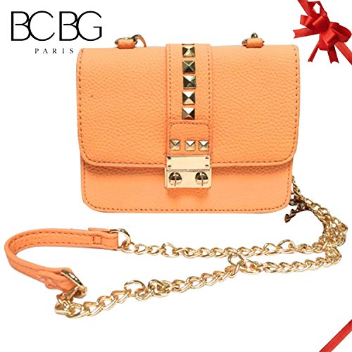 BCBG Paris Womens Faux Leather Studded Caviar Crossbody Handbag Orange Small