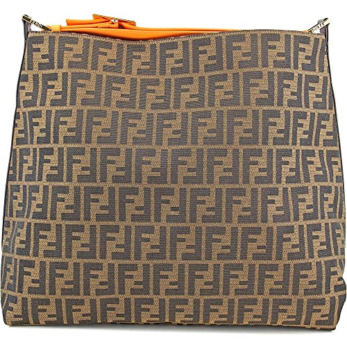 Fendi Handbag Large Zucca Orange Leather Brown Jacquard Hobo Shoulder Bag 8BR653