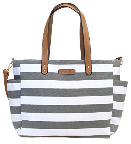 Gray Stripe Tote Bag by White Elm -The Aquila (New Edition) Canvas & Vegan Leather