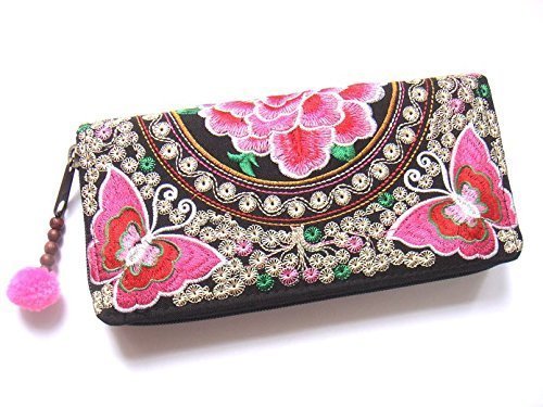 Wallet by WP Embroidery Butterfly Flower Zipper Wallet Purse Clutch Bag Handbag Iphone Case Handmade for Women, Pink Wallet