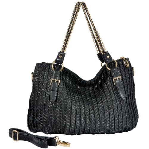 MG Collection VIKKI Large Black Ruched Chain Link Shopper Tote Convertible Shoulder Bag