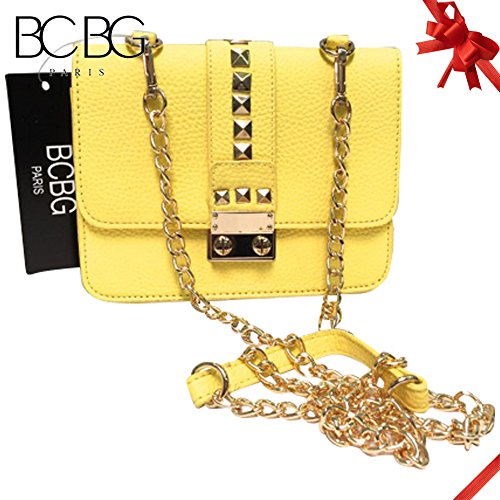 BCBG Paris Womens Faux Leather Studded Caviar Crossbody Handbag Yellow Small