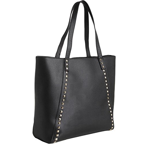 New BCBG Paris 2623 Womens Black Faux Leather Studded Tote Handbag Purse Large