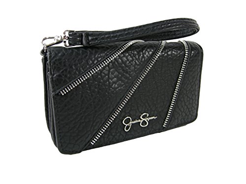 New Jessica Simpson Logo Wristlet Wallet Purse Hand Bag Black Zipper Accents Silver Mason