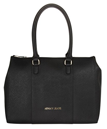 Women’s Armani Jeans shopping bag model in eco leather black saffron. Double hand handle longer adjustable and removable shoulder strap, logo, inner pocket with zip