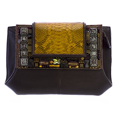Bea Valdes Women’s Beaded & Studded Leather Tosca Clutch Bag Brown Multi