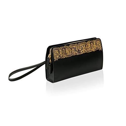 Palace Museum Women Black Genuine Leather Wristlet Clutch Bag Wallet Small Handbag with Strap