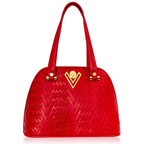 Valentino Orlandi Italian Designer Coral Red Pleated Draped Leather Large Purse Bowling Bag
