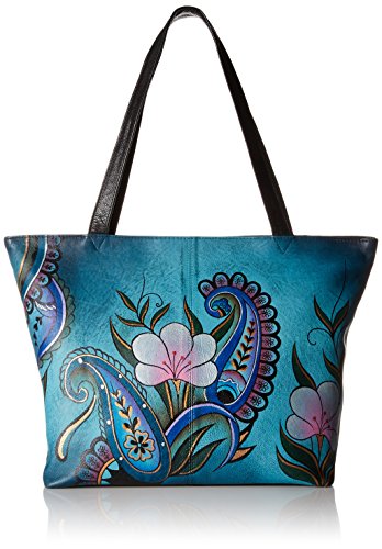 Anna by Anuschka Genuine Leather Convertible Large Tote | Hand-Painted Original Artwork | Denim Floral Paisley