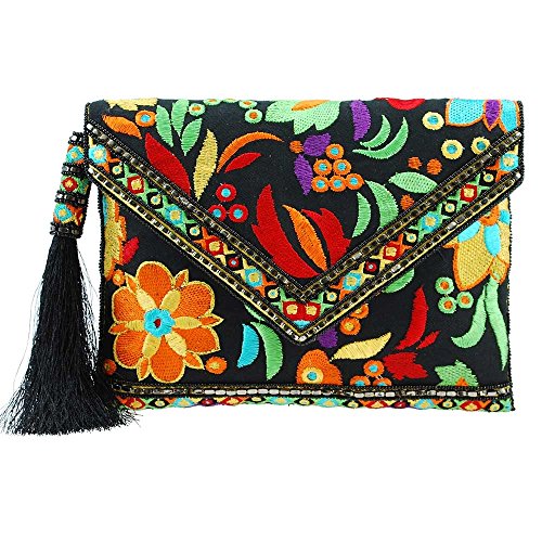 MARY FRANCES Beauty And The Beach, Black Floral Embroidered Crossbody Envelope Clutch Handbag