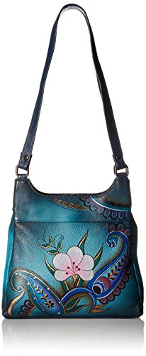 Anna by Anuschka Women’s Genuine Leather Hobo Handbag | Triple Compartment Satchel | Hand Painted Original Artwork | Denim Paisley Floral