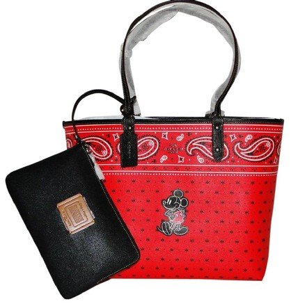 Coach F59376 Disney Mickey Mouse Reversible Prairie Bandana Print QB/Bright Red Black City Tote Handbag With Wristlet