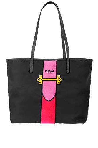 Prada Womens Black Tessuto Ricamo Shopping Tote Shoulder Bag Messenger Bag with Pink Velvet Accent Line Leather Trim 1BG065