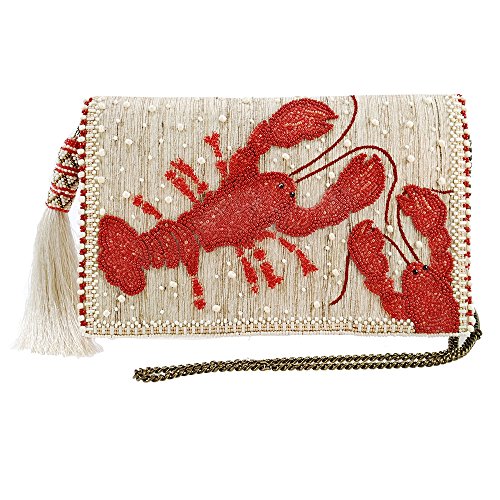MARY FRANCES You Are My Lobster Beaded-Embroidered Raw Silk Novelty Crossbody Clutch Handbag