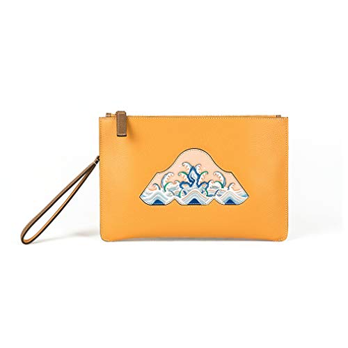 Palace Museum Women Genuine Leather Wristlet Envelope Clutch Bag Small Handbag with Strap Yellow