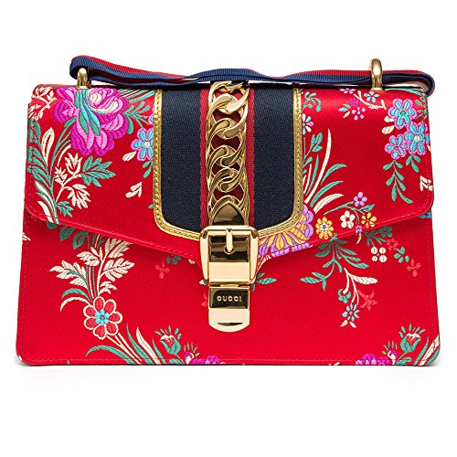 Gucci Sylvie Red Jacquard Floral Tokyo Silk Small Bag Ribbon Leather Handbag New Box